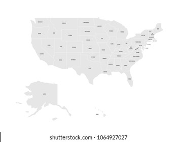 Map of United States of America with name of each state. Simplified grey vector map on white background and black labels.