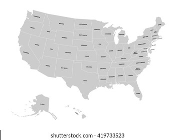 Map of United States of America with name of each state. Simplified grey vector map on white background and black labels.