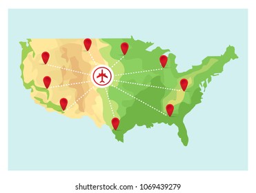 Map United States of America with Point Markers. Vector Illustration in Flat Style. EPS10.