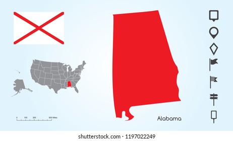 Map of The United States of America with the Selected State of Alabama And Alabama Flag with Locator Collection.