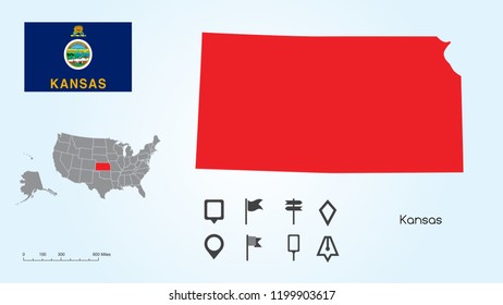 Map of The United States of America with the Selected State of Kansas And Kansas Flag with Locator Collection.