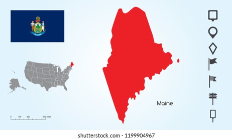 Map of The United States of America with the Selected State of Maine And Maine Flag with Locator Collection.