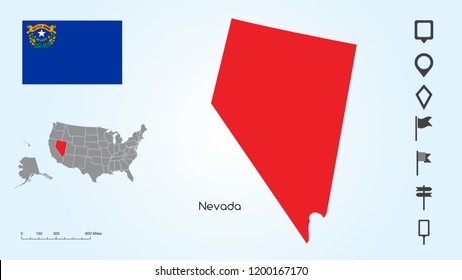 Map of The United States of America with the Selected State of Nevada And Nevada Flag with Locator Collection.