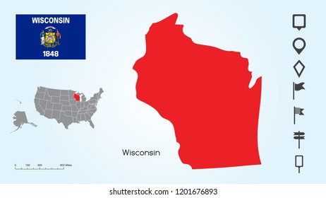 Map of The United States of America with the Selected State of Wisconsin And Wisconsin Flag with Locator Collection.
