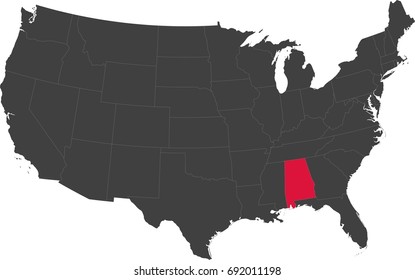 Map of the United States of America split into individual states. Highlighted state of Alabama.