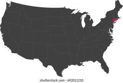 Map of the United States of America split into individual states. Highlighted state of Connecticut.