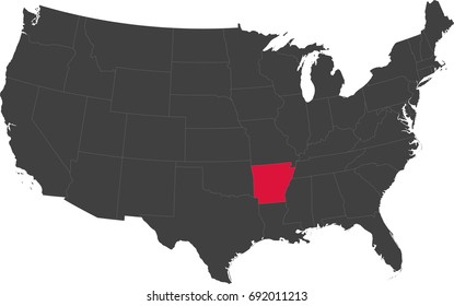 Map of the United States of America split into individual states. Highlighted state of Arkansas.