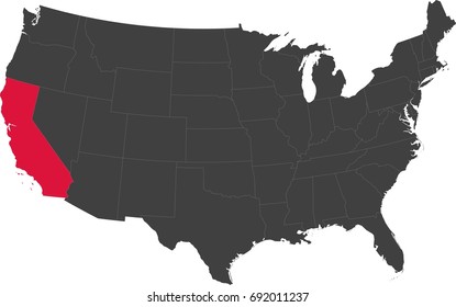 Map of the United States of America split into individual states. Highlighted state of California.