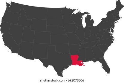 Map of the United States of America split into individual states. Highlighted state of Louisiana.