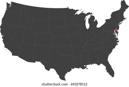 Map of the United States of America split into individual states. Highlighted state of Delaware.