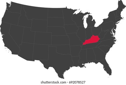 Map of the United States of America split into individual states. Highlighted state of Kentucky.