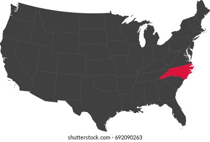 Map of the United States of America split into individual states. Highlighted state of North Carolina.
