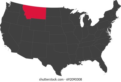 Map of the United States of America split into individual states. Highlighted state of Montana.
