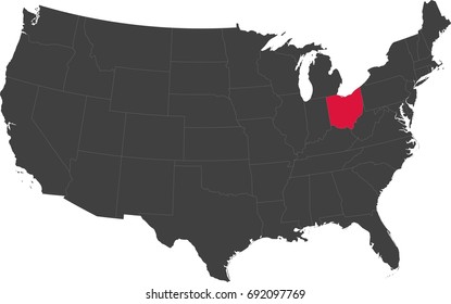 Map of the United States of America split into individual states. Highlighted state of Ohio.