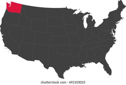 Map of the United States of America split into individual states. Highlighted state of Washington.