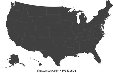 Map of the United States of America split into individual states. All states including Alaska and Hawaii.