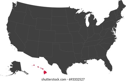 Map of the United States of America split into individual states. Highlighted state of Hawaii.