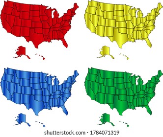 Map of the United States of America with state borders. A set of multi-colored vector images.