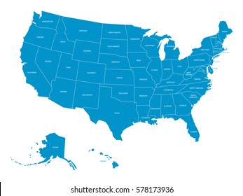 Map of United States of America with state names. Simplified dark grey silhouette vector map on white background.