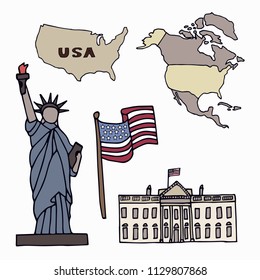 Map of the United States of America and the symbols of America. North America, flag,  Statue of Liberty and the White House. Hand drawn vector illustration.
