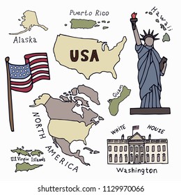 Map of the United States of America and the symbols of America.North America, Alaska, USA, Hawaii, Guam and the US Virgin Islands. Statue of Liberty and the White House. Hand drawn vector illustration
