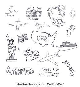 Map of the United States of America and its territories. North America, Alaska, USA, Hawaii, Guam and the US Virgin Islands. Statue of Liberty and the White House. vector black sketch.