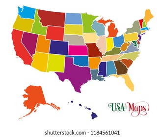 Map of The United States of America (USA) with Colorful States Illustration on White Background