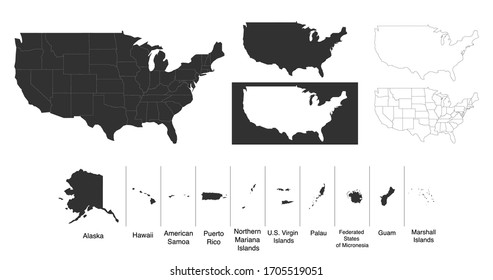 Mapa de Estados Unidos de América con territorios e Islas. Diferentes variaciones de mapa para su diseño. Ilustración vectorial aislada en fondo blanco