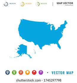 Map of United States of America (USA) blue and set pin icon.