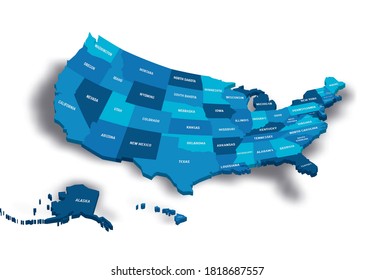 Map Of United States Of America, USA, With State Postal Abbreviations. 3D Vector Map With Dropped Shadow