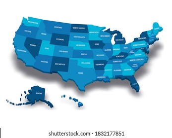 Map of United States of America, USA, with state postal abbreviations. 3D vector map with dropped shadow