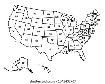 Map of United States of America, USA, with state postal abbreviations. Simple black outline map.