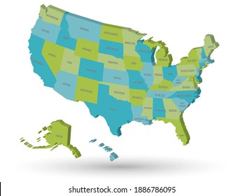 Map of United States of America, USA, with state postal abbreviations. 3D vector map with dropped shadow