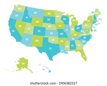 Karte der Vereinigten Staaten von Amerika, USA, mit staatlichen Postabkürzungen. Einfache flache Vektorgrafik