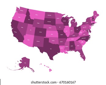 Map of United States of America, USA, in four shades of violet with white state labels. Simple flat vector illustration isolated on white background.