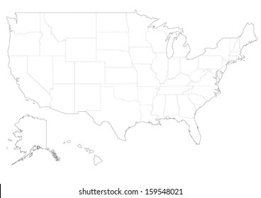 Map of United States of America: vector set. Detailed country shape with region borders isolated on white background.