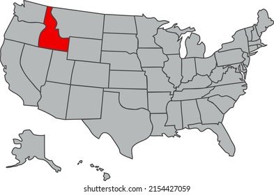 Map of the United States of America. Vector illustration in gray with the silhouette of the red US state Idaho. The image of the contours of the USA. Poster for articles, web, school, geography, news