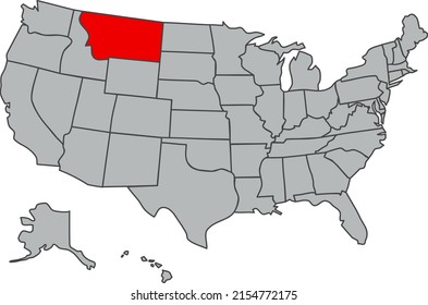 Map of the United States of America. Vector illustration in gray with the silhouette of the red US state Montana. The image of the contours of the USA. Poster for articles, web, school, geography