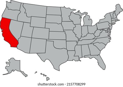 Map of the United States of America. Vector illustration in gray with the silhouette of the red US state California. The image of the contours of the USA. Poster for articles, web, school, geography