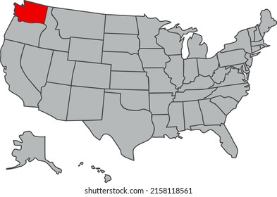 Map of the United States of America. Vector illustration in gray with the silhouette of the red US state Washington. The image of the contours of the USA. Poster for articles, web, school, geography