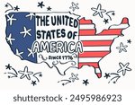 Map of the United States of america with the words about independence day, 4th of July . Vector .