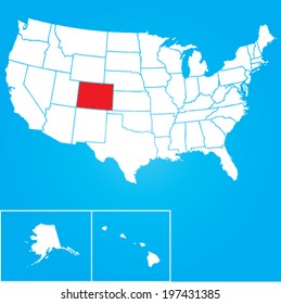 Map of the the United States of American with the states of Colorado selected