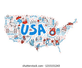 Map of United States in cartoon style. Travel USA concept.