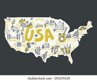 Map of United States in cartoon style. Travel USA concept.