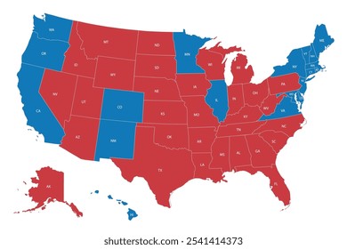 Mapa de los Estados Unidos codificado por colores por estado, que representa los resultados de las elecciones de 2024.