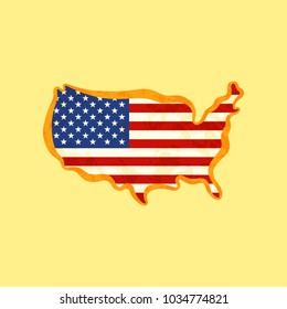 Map of United States colored with US flag and marked with golden line in grunge vintage style.