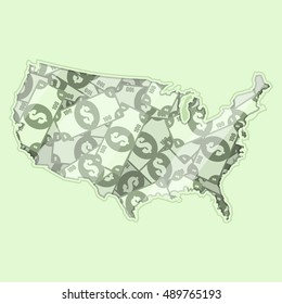 Map United States Covered In Money, Bank Notes Of One Hundred Dollars. On The Map There Is Glass Reflection. Conceptual.