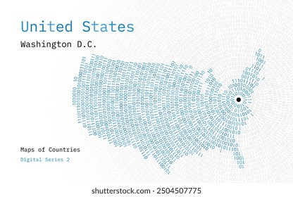 A map of United States depicted in zeros and ones in the form of a circle. The capital, Washington D.C. is shown in the center of the circle	
