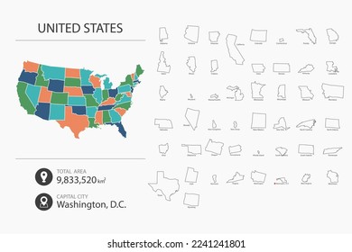 Map of United States with detailed country map. Map elements of cities, total areas and capital.