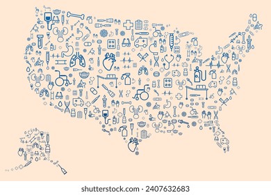 Mapa de Estados Unidos formado por íconos relacionados con la medicina y el sistema de salud